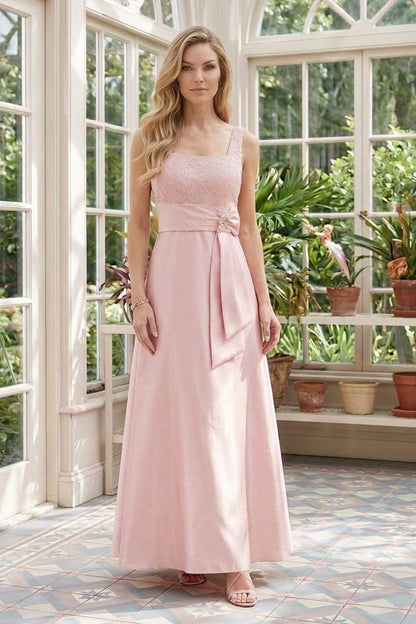 Lace Bodice Square Neck A-Line Gown with Sash