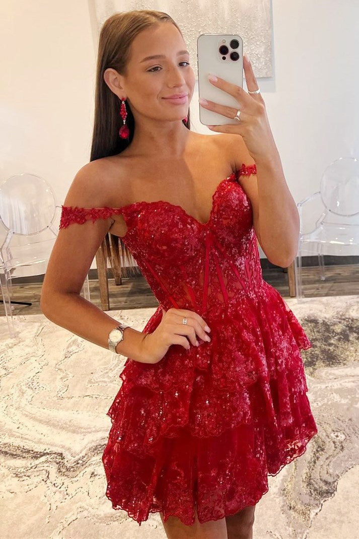 Off-the-Shoulder Tiered Corset Homecoming Dress
