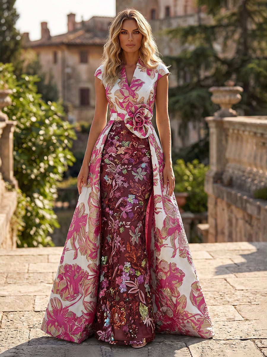 Jacquard Evening Gown with Lace Column Skirt