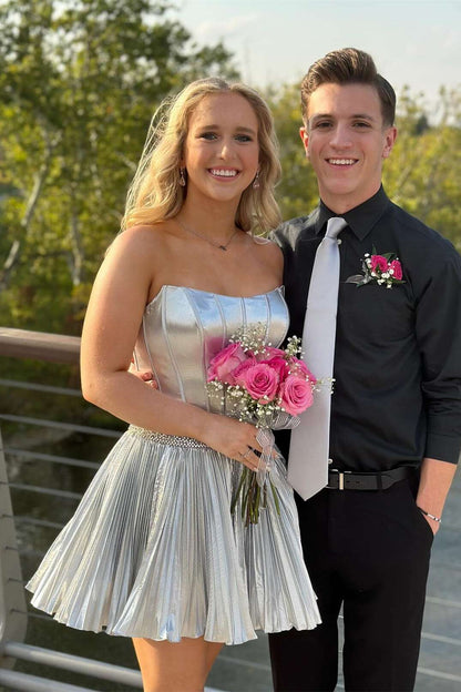 Strapless Pleated Metallic Corset Homecoming Dress