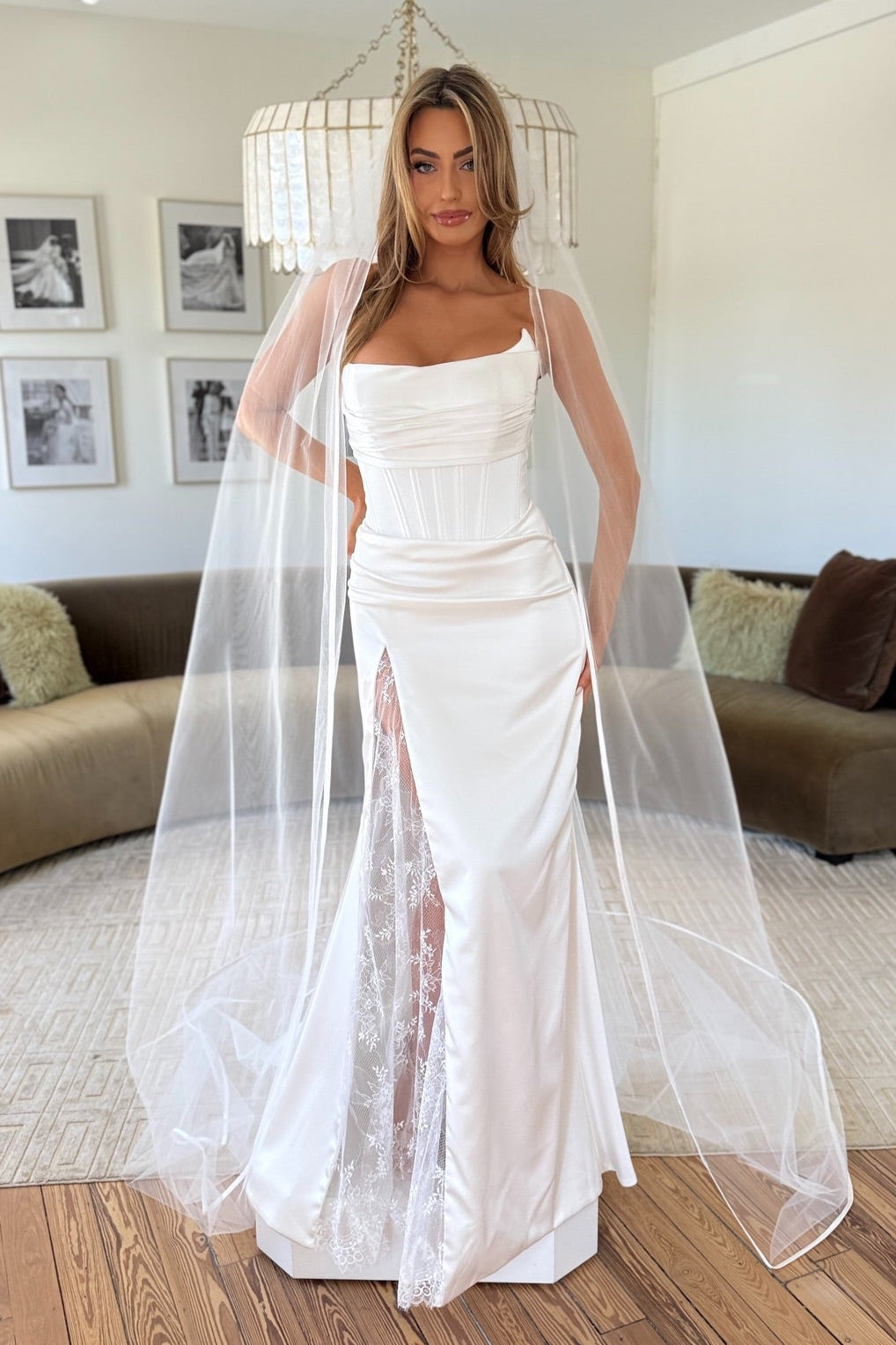 Satin Corset Mermaid Gown with Lace Slit & Cape Veil