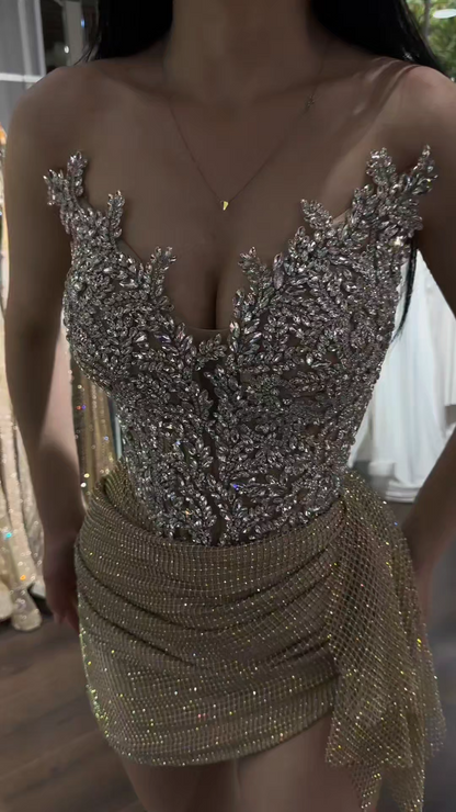 Beaded Illusion Corset Drape Mini Dress