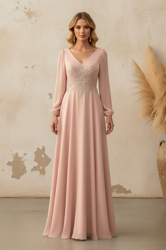 Embroidered Chiffon A-Line Gown with Long Sleeves