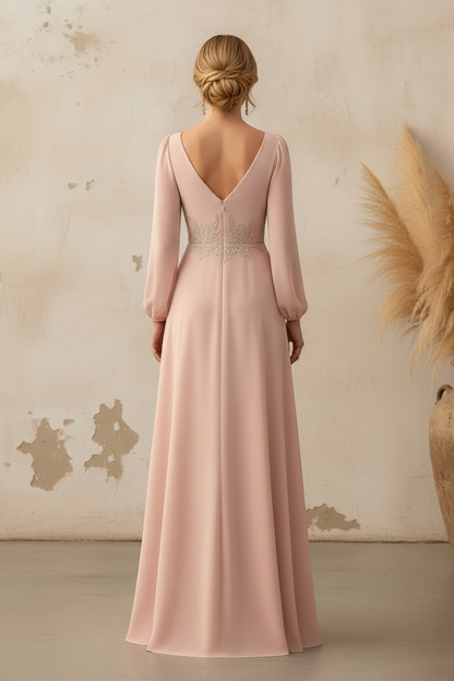 Embroidered Chiffon A-Line Gown with Long Sleeves
