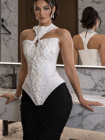 3D Petal Cutout Corset Ruched Evening Dress