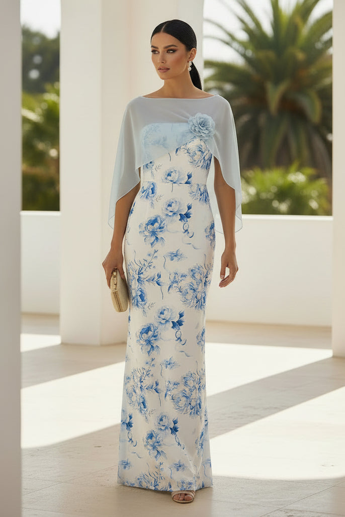 Floral Print Maxi Dress with Chiffon Cape