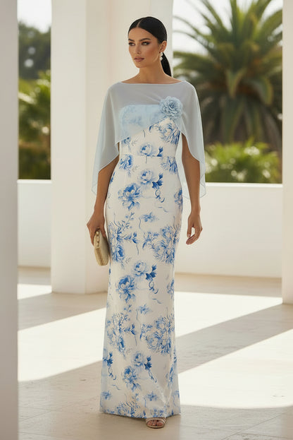 Floral Print Maxi Dress with Chiffon Cape