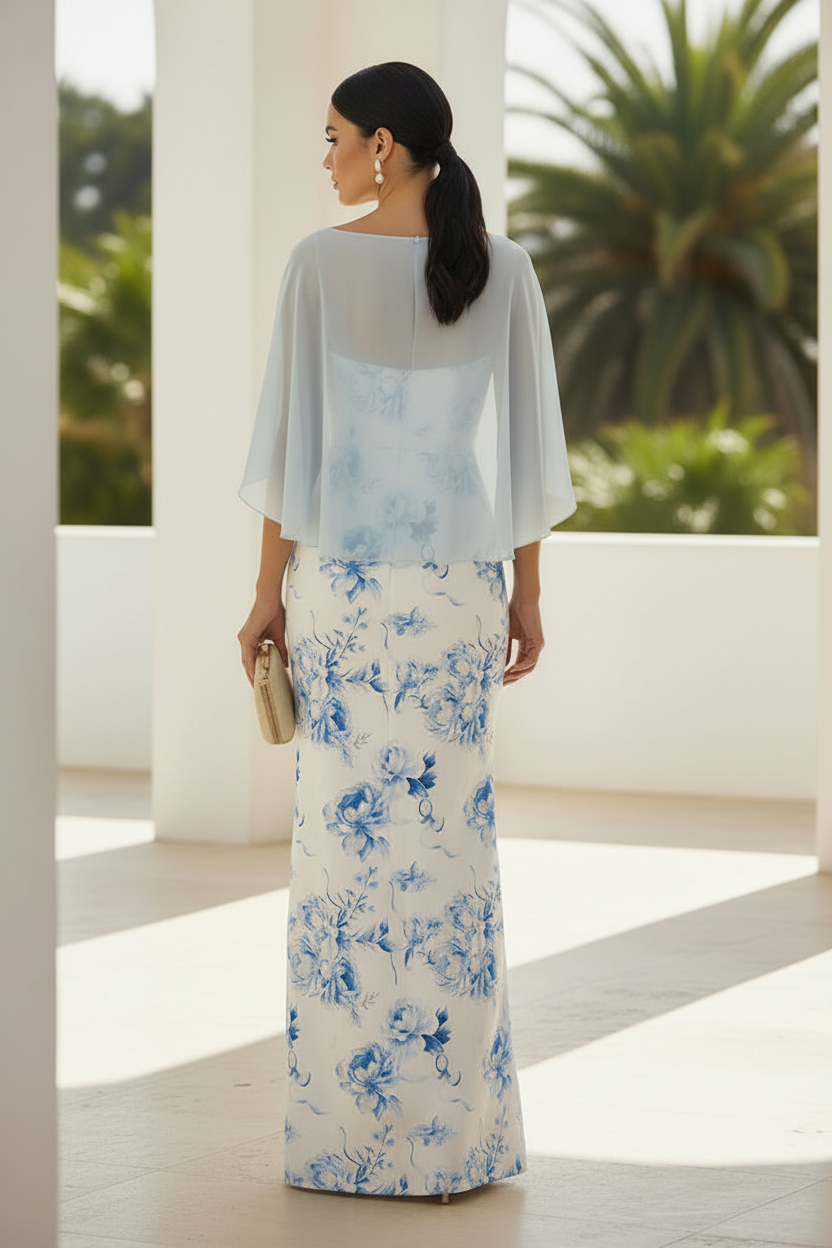 Floral Print Maxi Dress with Chiffon Cape