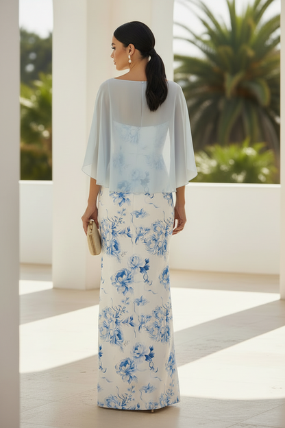 Floral Print Maxi Dress with Chiffon Cape