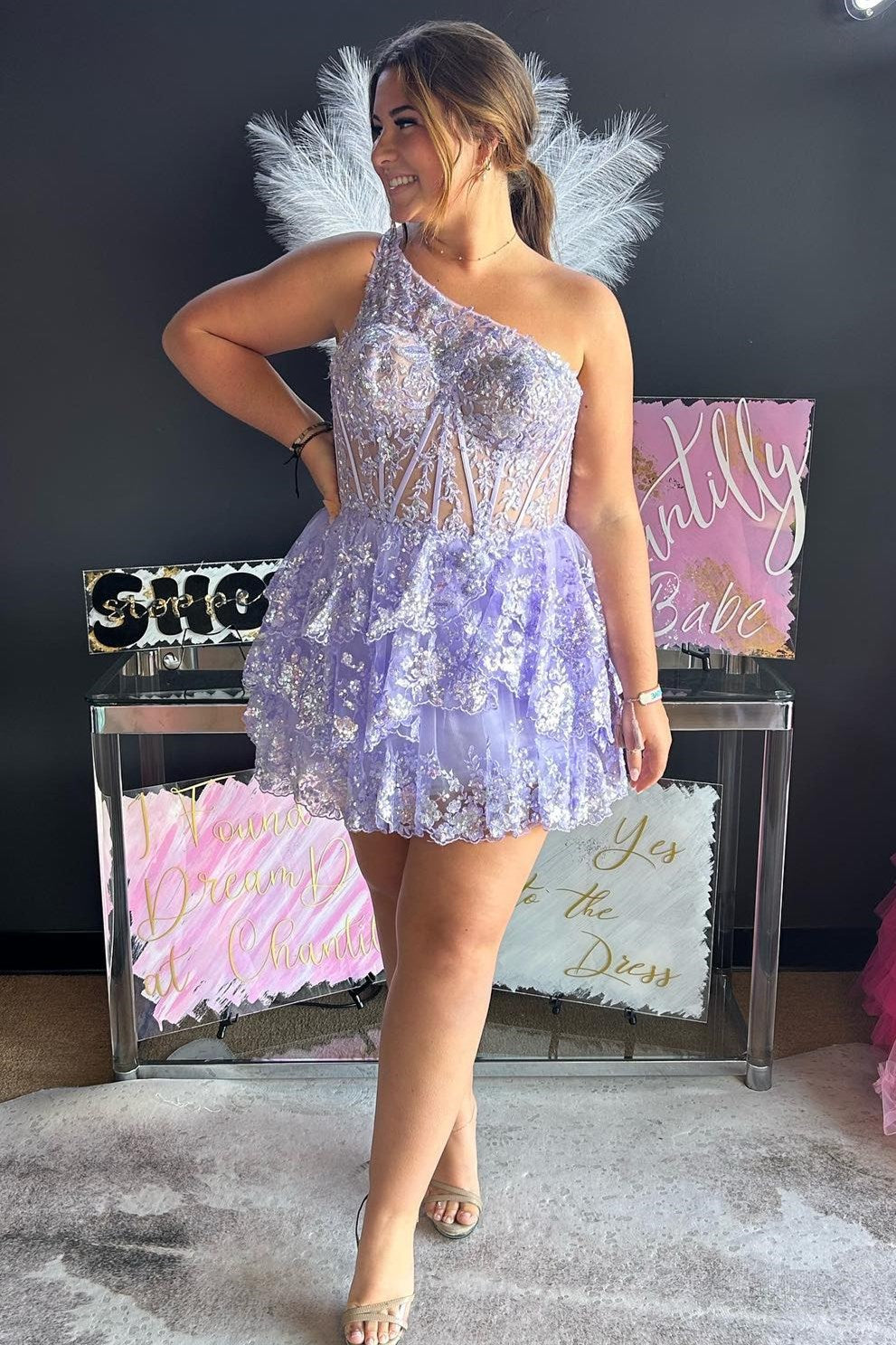 One-Shoulder Corset Tiered Lace Homecoming Dress