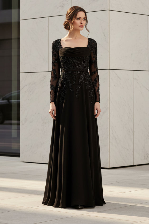 Beaded Long Sleeve A-Line Evening Gown