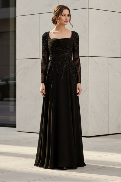Beaded Long Sleeve A-Line Evening Gown