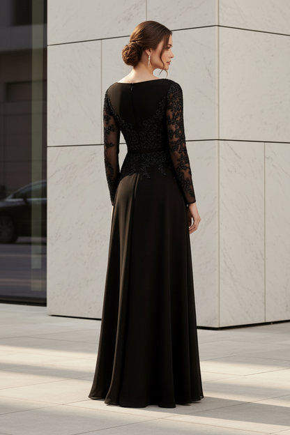 Beaded Long Sleeve A-Line Evening Gown