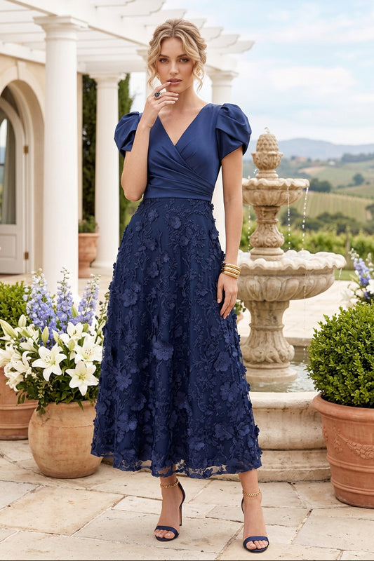 Floral Applique Satin Surplice Midi Dress