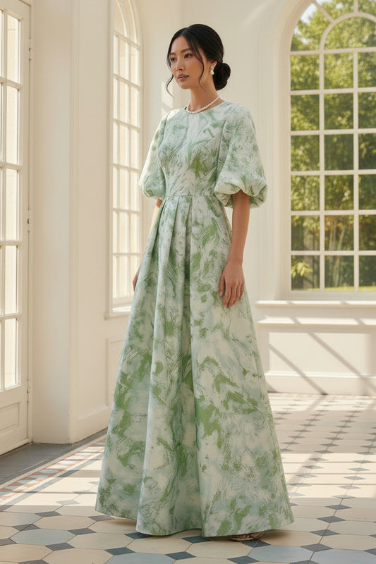 Jacquard A-Line Maxi Dress with Puff Sleeves