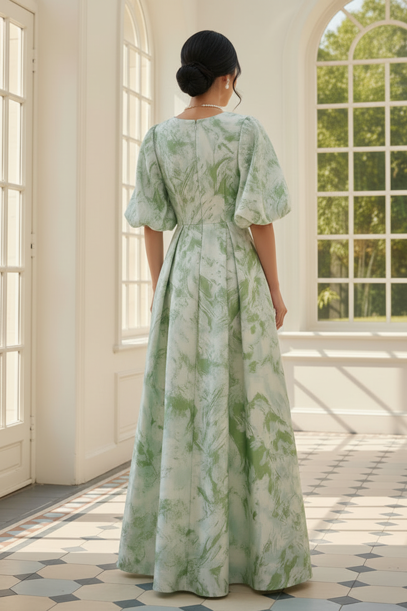 Jacquard A-Line Maxi Dress with Puff Sleeves