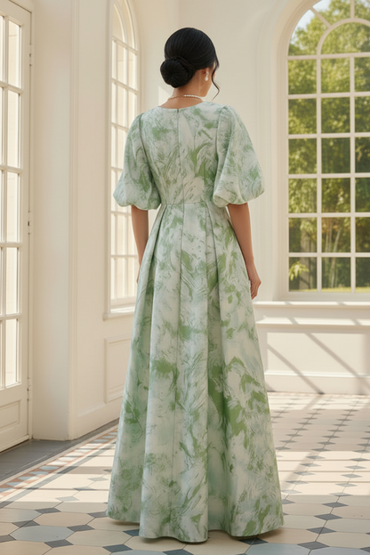 Jacquard A-Line Maxi Dress with Puff Sleeves