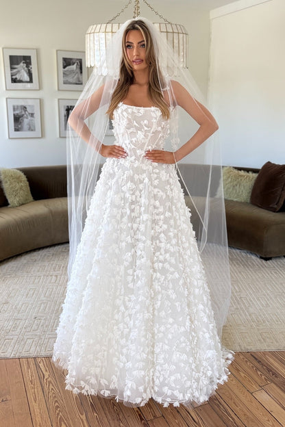 3D Floral Lace A-Line Wedding Dress with Veil