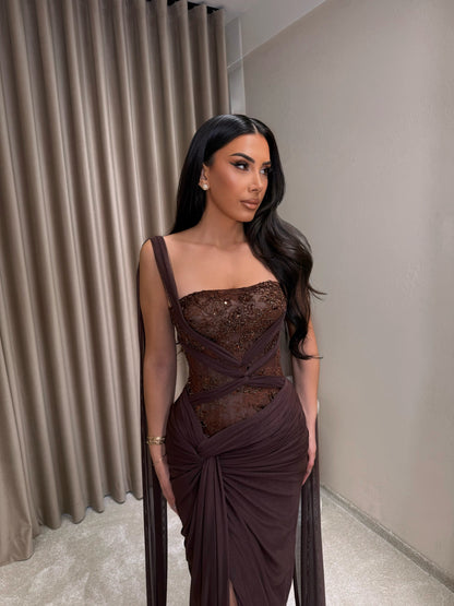 Corset Evening Gown with Beaded Bodice & Cape Straps
