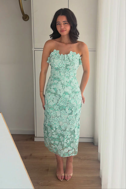 Strapless 3D Floral Applique Midi Dress