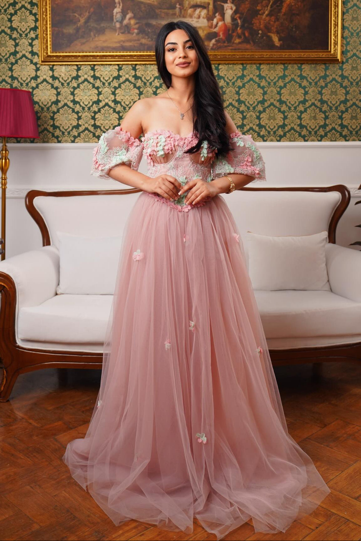 Romantic 3D Flower Tulle Corset Ball Gown