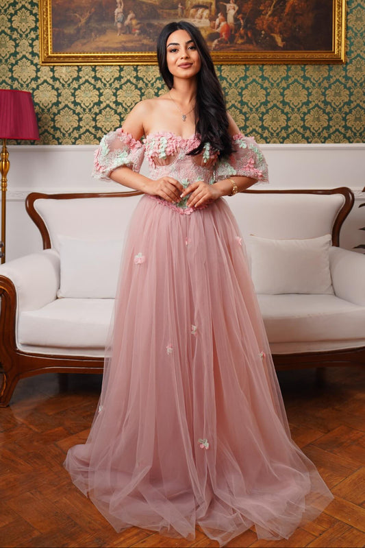 Romantic 3D Flower Tulle Corset Ball Gown
