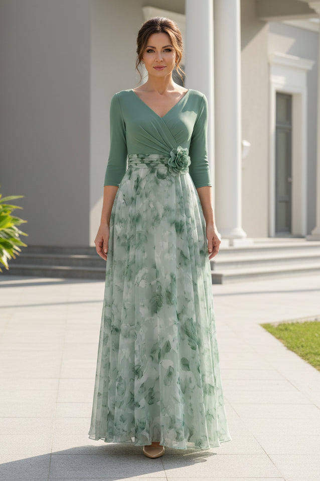 A-Line Floral Print Chiffon Evening Gown
