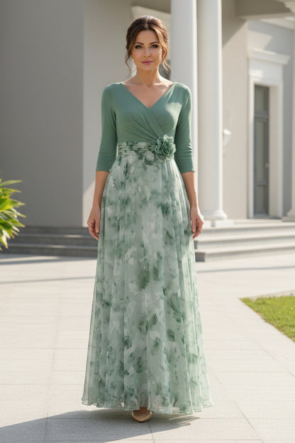 A-Line Floral Print Chiffon Evening Gown