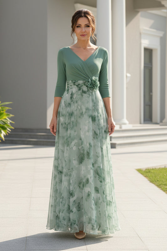 A-Line Floral Print Chiffon Evening Gown