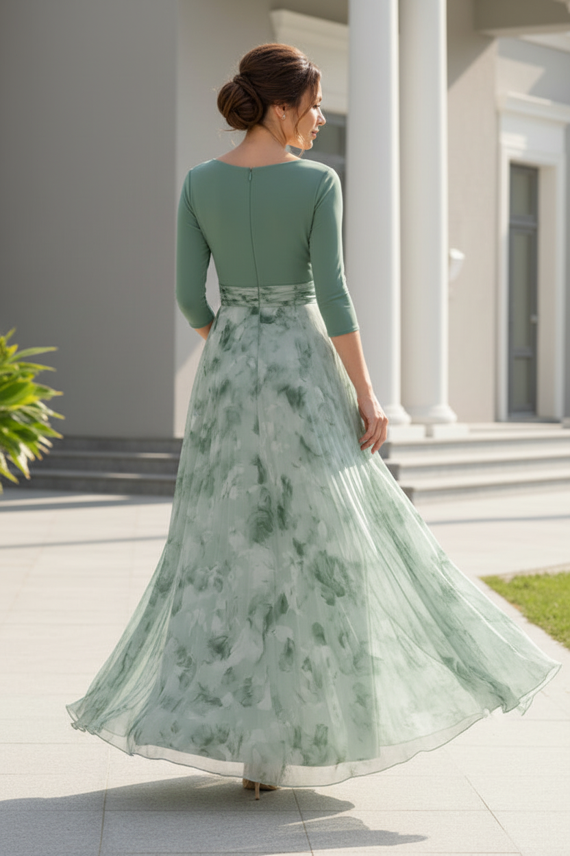 A-Line Floral Print Chiffon Evening Gown