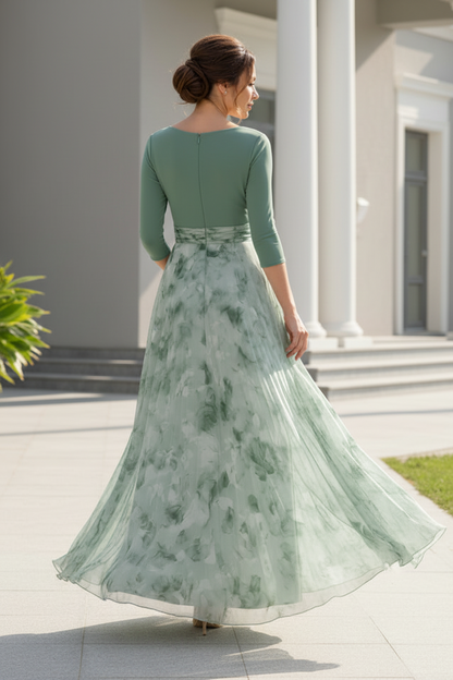 A-Line Floral Print Chiffon Evening Gown