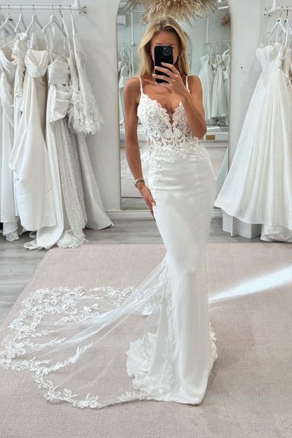 Spaghetti Strap Lace and Crepe Mermaid Wedding Gown