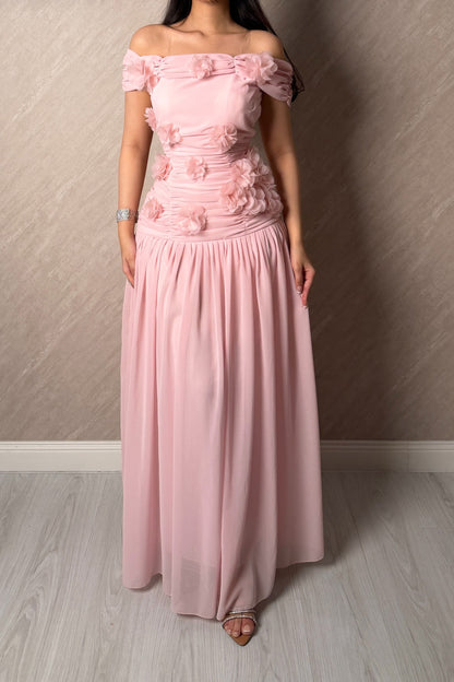 Off-the-Shoulder Floral Appliqué Maxi Dress