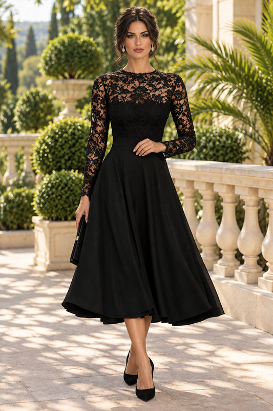 Lace Long Sleeve A-Line Midi Dress
