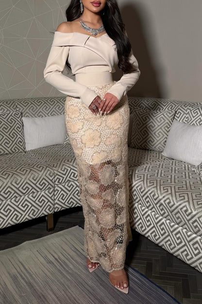 Off-the-Shoulder Long Sleeve Lace Evening Dress