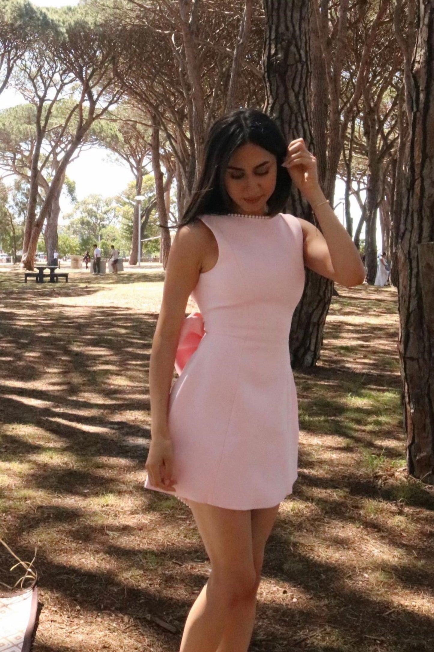 Open Back Mini Dress with Pearls and Statement Bow