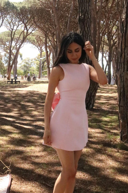 Open Back Mini Dress with Pearls and Statement Bow
