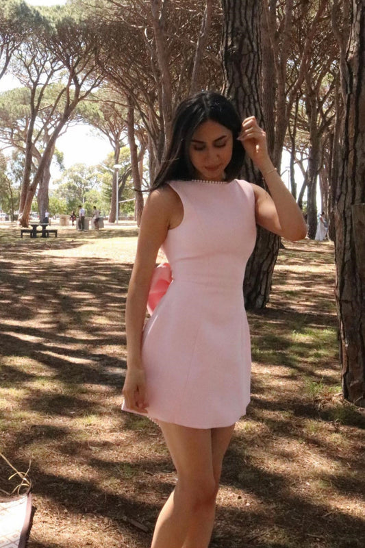 Open Back Mini Dress with Pearls and Statement Bow