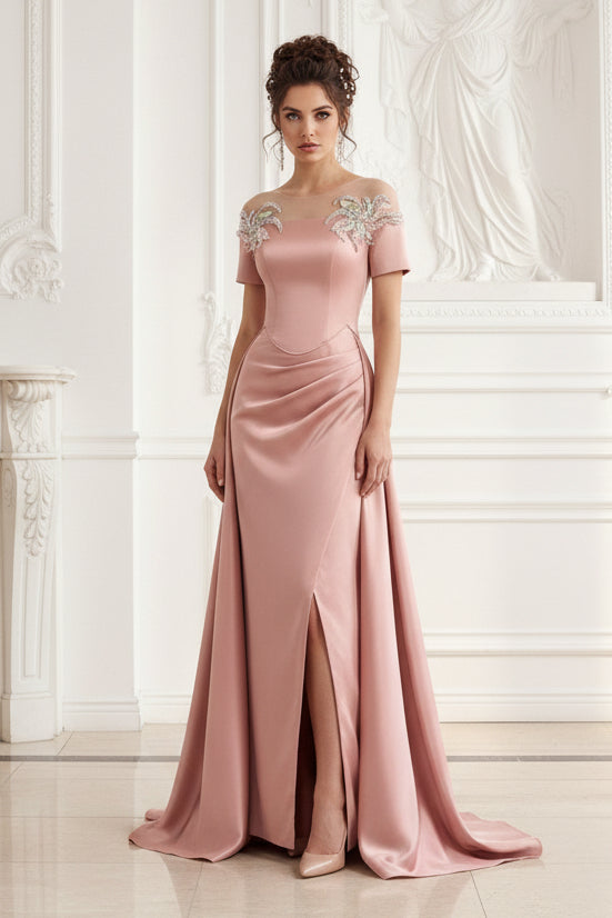 Off-the-Shoulder Satin A-Line Evening Gown with Slit