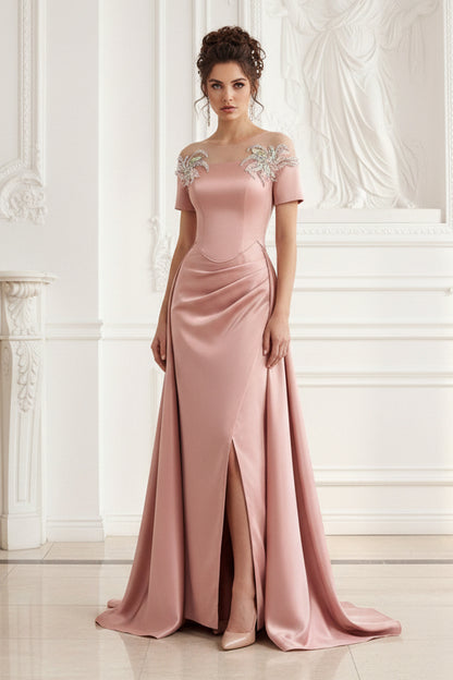 Off-the-Shoulder Satin A-Line Evening Gown with Slit