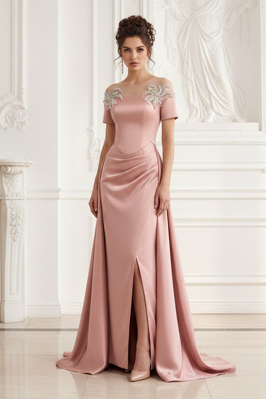 Off-the-Shoulder Satin A-Line Evening Gown with Slit