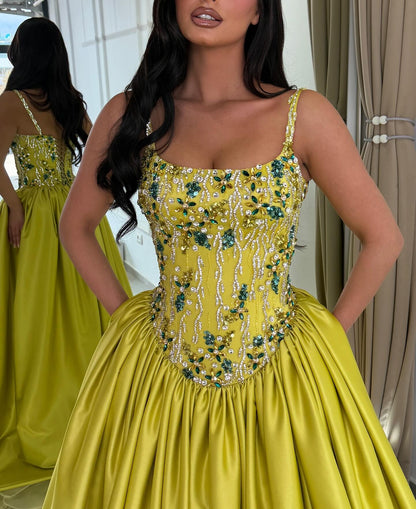 Beaded Corset Satin Ball Gown with Pockets