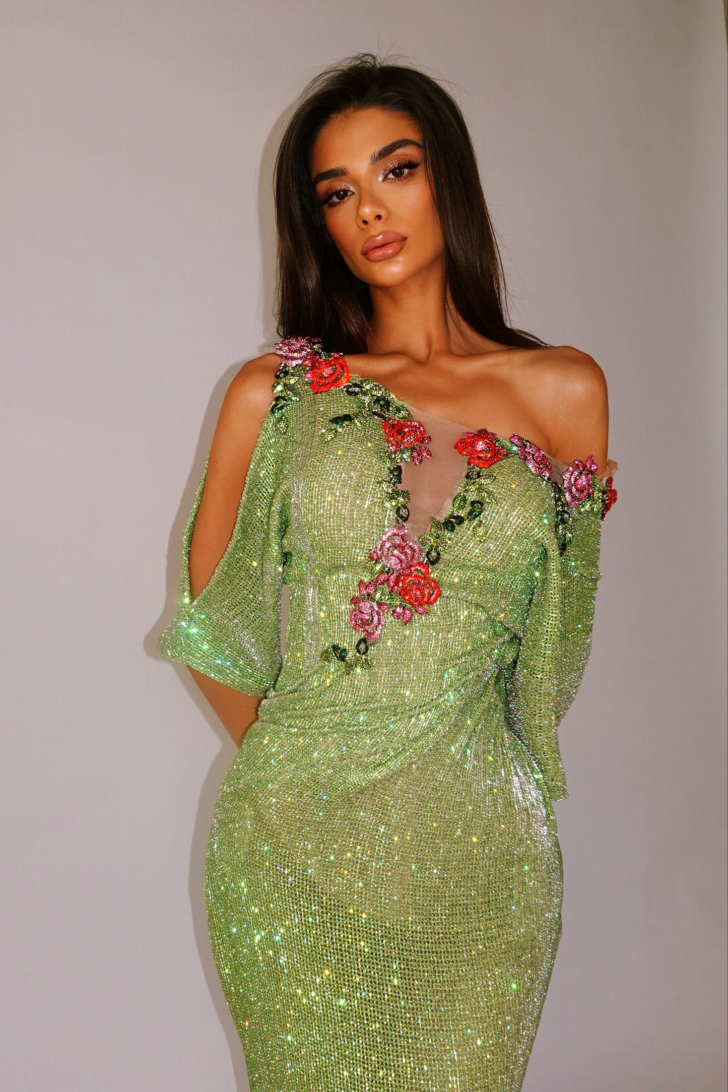 Asymmetric Glitter Column Gown with 3D Flowers
