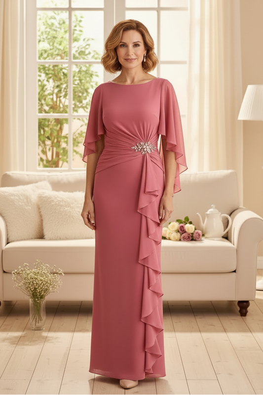 Flutter Sleeve Cascading Ruffle Evening Gown