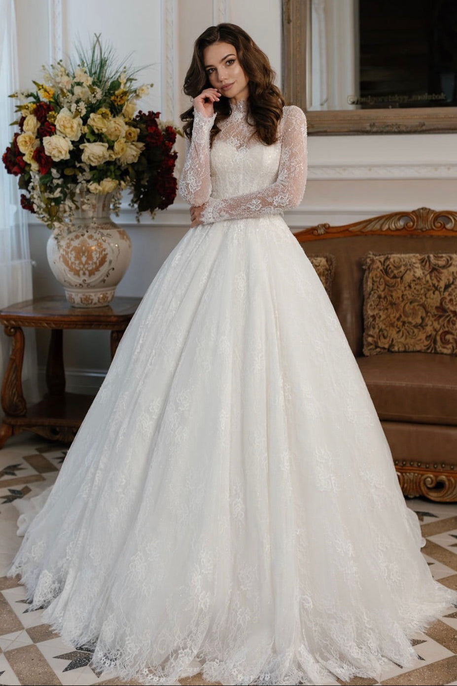 High Neck Lace Long Sleeve Ball Gown Wedding Dress