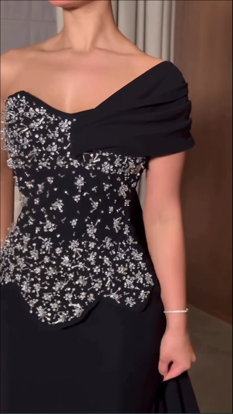 Beaded Peplum Bodice Gown with Drape