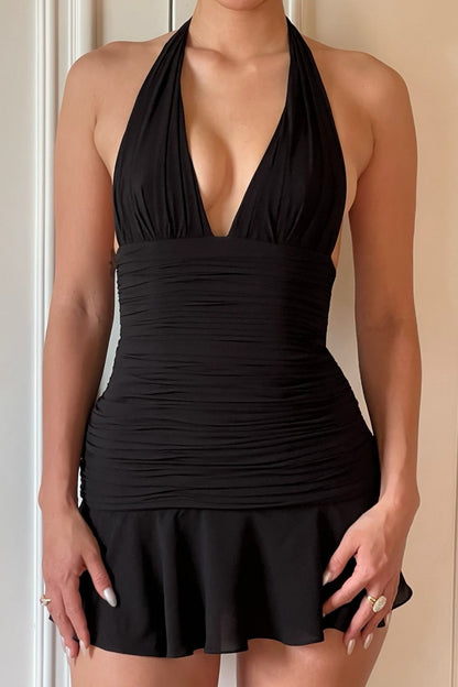 Halter Deep V Ruched Ruffle Hem Mini Dress