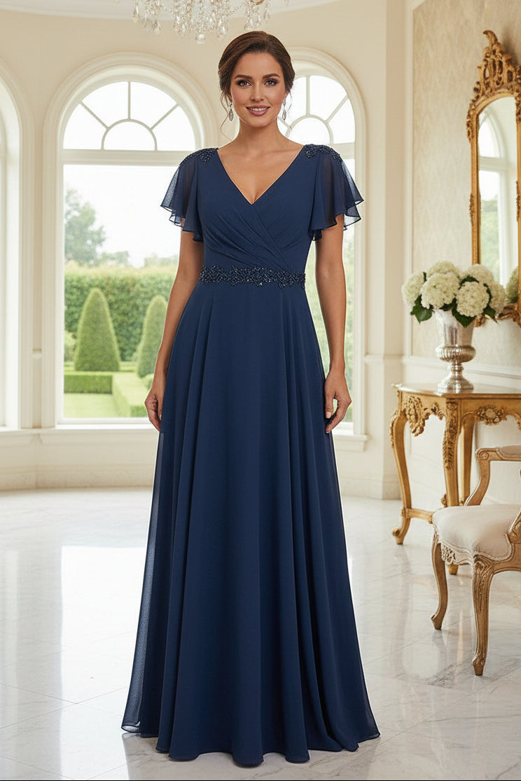 Chiffon A-Line Evening Dress with Flutter Sleeves