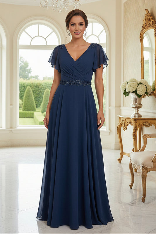 Chiffon A-Line Evening Dress with Flutter Sleeves