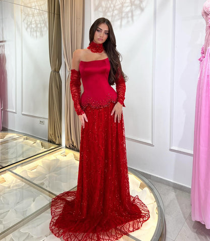 Strapless Satin and Lace Evening Gown